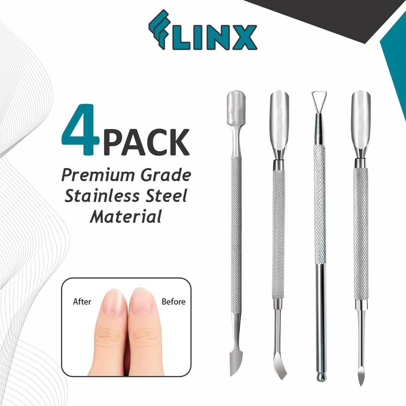 FLINX Metal Cuticle Pushers 4 Pcs Cuticle Pusher Tool Nail Tools for Manicure &amp; Pedicure, Metal Cuticle Pusher and Scraper, Empujador de Cuticula Profesional Cuticle Remover Tool Nail Scraper