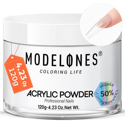 modelones Acrylic Powder, Upgraded 4.23oz Clear Acrylic Nail Powder, Crystal Clear Nail Acrylic Powder for Acrylic Nail Art 3D Nail Carving French Nail Extension, Non-Yellowing, Gifts for Women