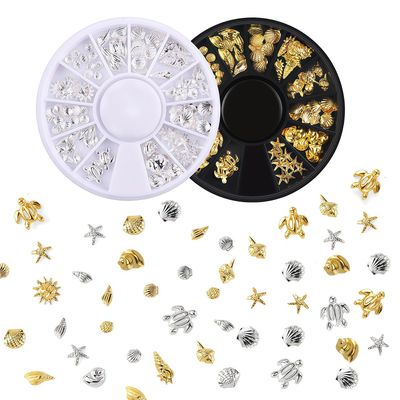 Pizadix 6 Boxes Summer Nail Art Rhinestones, 3D Ocean Theme Nail Charms Alloy Sliver Gold Beach Starfish Conch Seashell for Women Girls Nail Decorations DIY Craft Jewelry