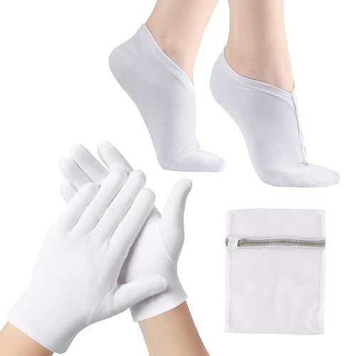 BESSLEE 12 Pairs Cotton Moisturizing Gloves and Socks Set (1 Washing Bag Included), Dry Hands Feet Overnight Lotion SPA Treatment, Eczema Skin Friendly, Breathable and Soft Glove Liners for Summer