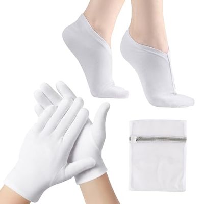 BESSLEE 12 Pairs Cotton Moisturizing Gloves and Socks Set (1 Washing Bag Included), Dry Hands Feet Overnight Lotion SPA Treatment, Eczema Skin Friendly, Breathable and Soft Glove Liners for Summer