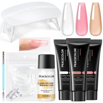 Peacecolor Poly Nail Gel Kit with Nail Lamp 16ML 3 Colors Clear Pink Nude Poly Nail Extension Gel with Slip Solution Forms Starter Kit for Beginners Salon DIY Home Gift for Women