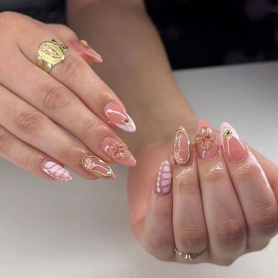 FIEONCIY 24pcs Spring Press-on Medium Almond Shaped Fake Nails with Floral Designs, Glue Stick, File &amp; Tools, Reusable for 3 Days, Acrylic Material, Almond Shape, Press-on Nails, False Nails