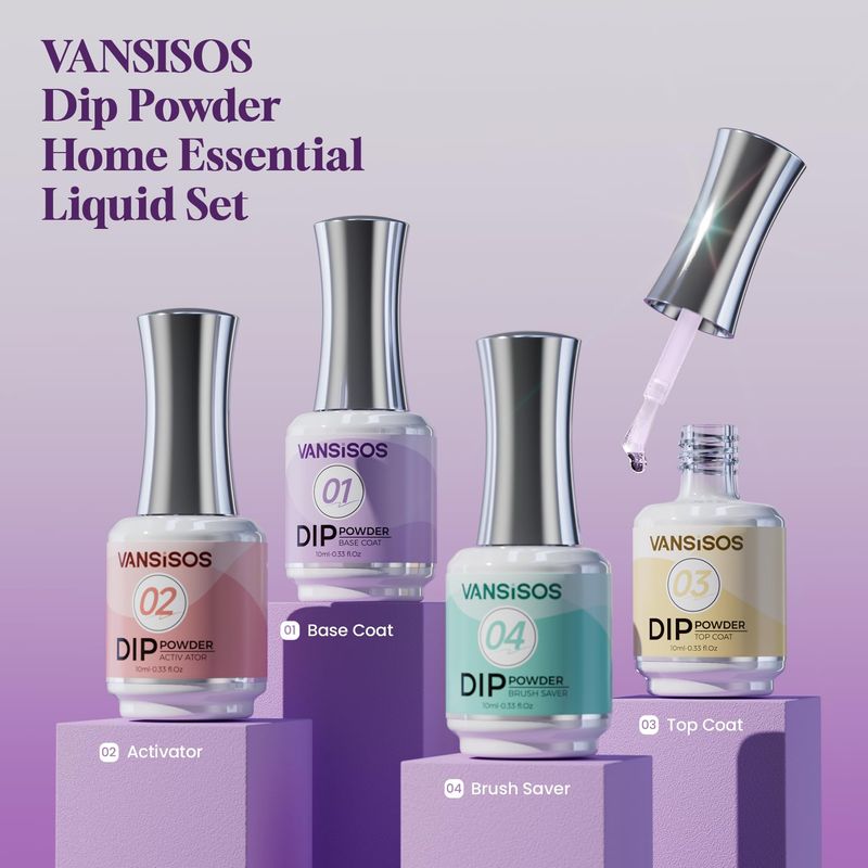 Vansisos Dip Powder Liquid Set: 4PCS Dip Nail Set With Top Coat Activator Base Coat Brush Saver for Professional Dip Powder Nail Kit Starter Set