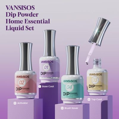 Vansisos Dip Powder Liquid Set: 4PCS Dip Nail Set With Top Coat Activator Base Coat Brush Saver for Professional Dip Powder Nail Kit Starter Set