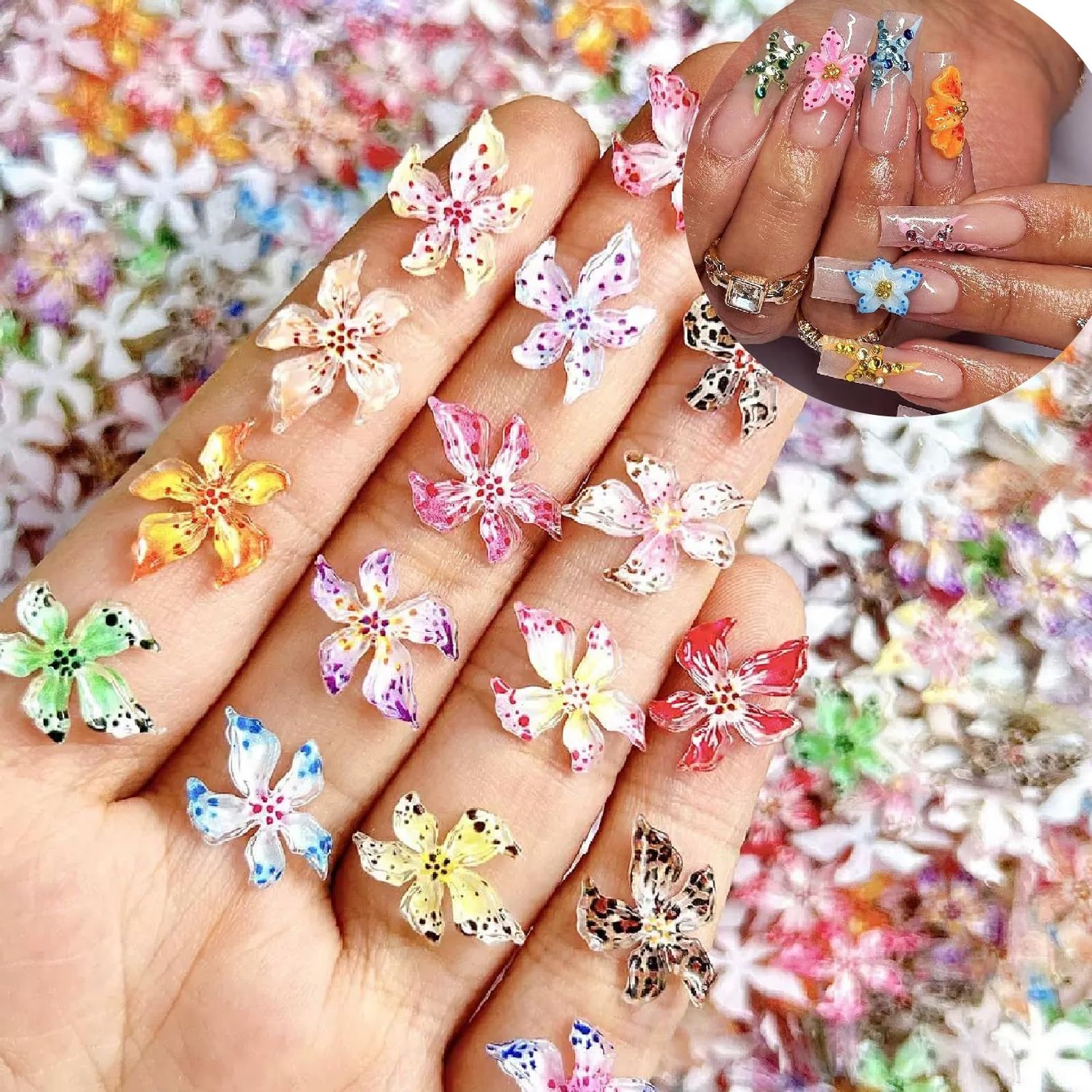 ITPOYOL 100 PCS Flower Nail Art Charms 3D Hawaii Flower Nail Charms and Gems Hibiscus Colorful Spring Summer Floral Charm Rhinestones Jewelry Accessories for Women DIY Manicure Decorations Supplies
