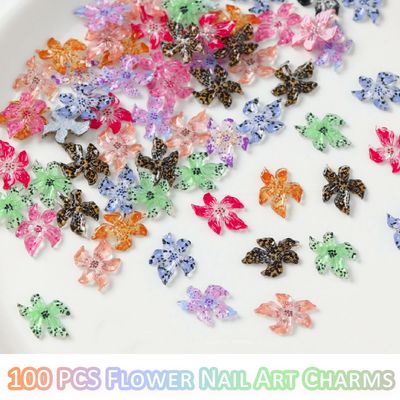 ITPOYOL 100 PCS Flower Nail Art Charms 3D Hawaii Flower Nail Charms and Gems Hibiscus Colorful Spring Summer Floral Charm Rhinestones Jewelry Accessories for Women DIY Manicure Decorations Supplies