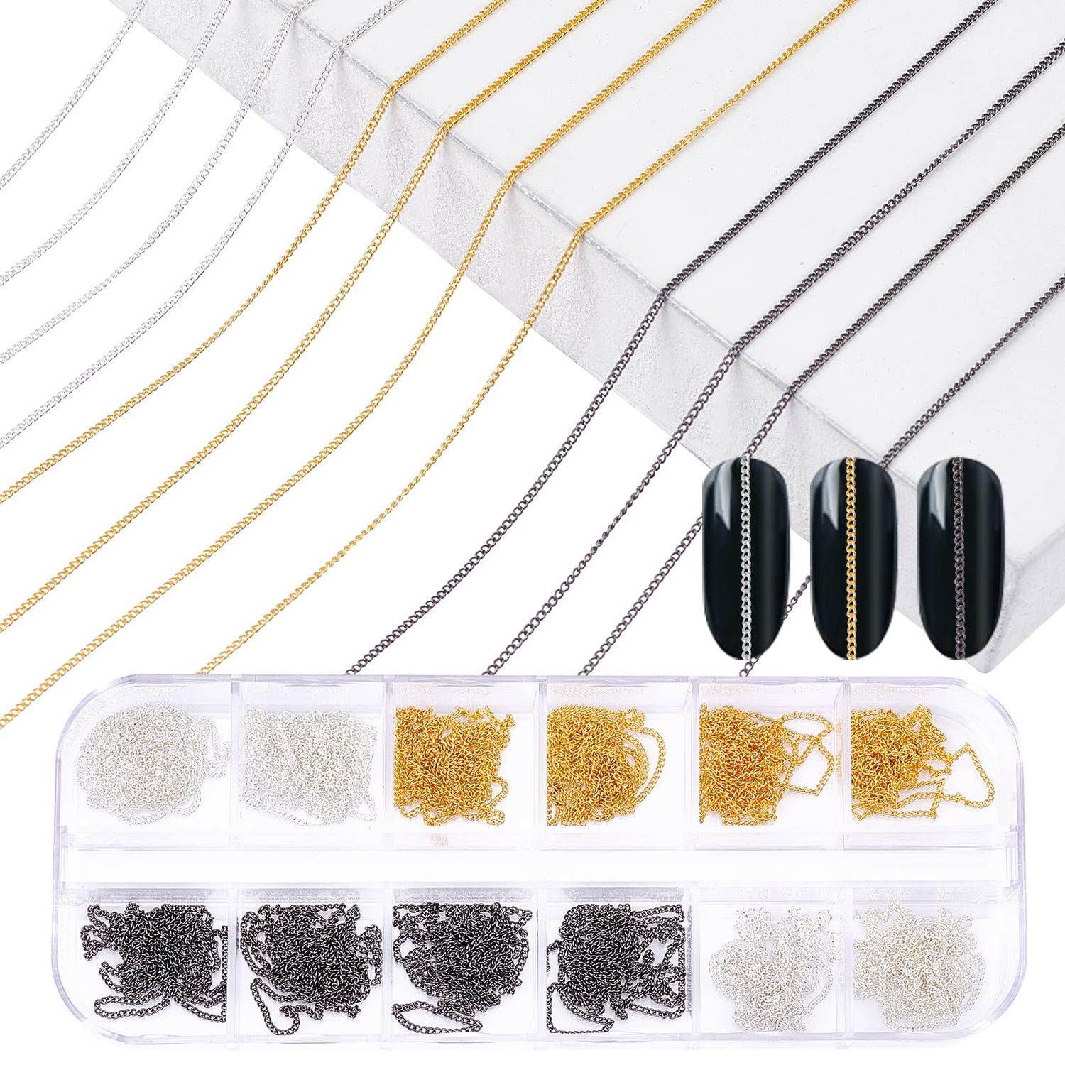 NICENEEDED 12 Strips Metal Nail Art Chains, Nail Jewelry Chains Nail Decorations with Box, 3D Gold &amp; Silver &amp; Black Nail Chains Nail Ornaments Nail Art Studs for Manicure Decoration &amp; DIY