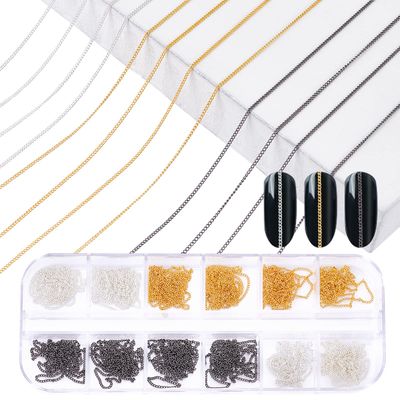 NICENEEDED 12 Strips Metal Nail Art Chains, Nail Jewelry Chains Nail Decorations with Box, 3D Gold &amp; Silver &amp; Black Nail Chains Nail Ornaments Nail Art Studs for Manicure Decoration &amp; DIY