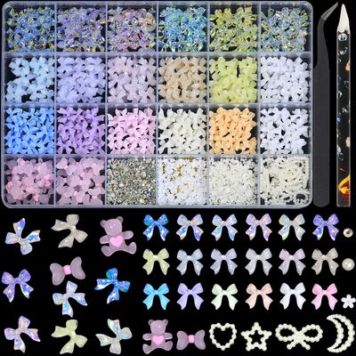 HNUIX Bow Nail Charms for Nails - Colorful Bow-Knot, Bear Manicure DIY Crafts, Flat Back Pearls 1600 Pieces Nail Decoration Kit