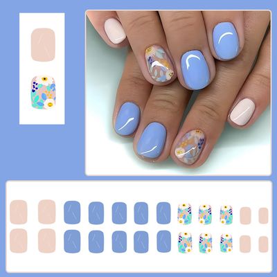 24Pcs Flower Press On Nails Short Square Fake Nails Blue Nails Press Ons With Daisy Flower Designs Spring False Nails Full Cover Glue On Nails Artificial Glossy Stick On Nails For Women