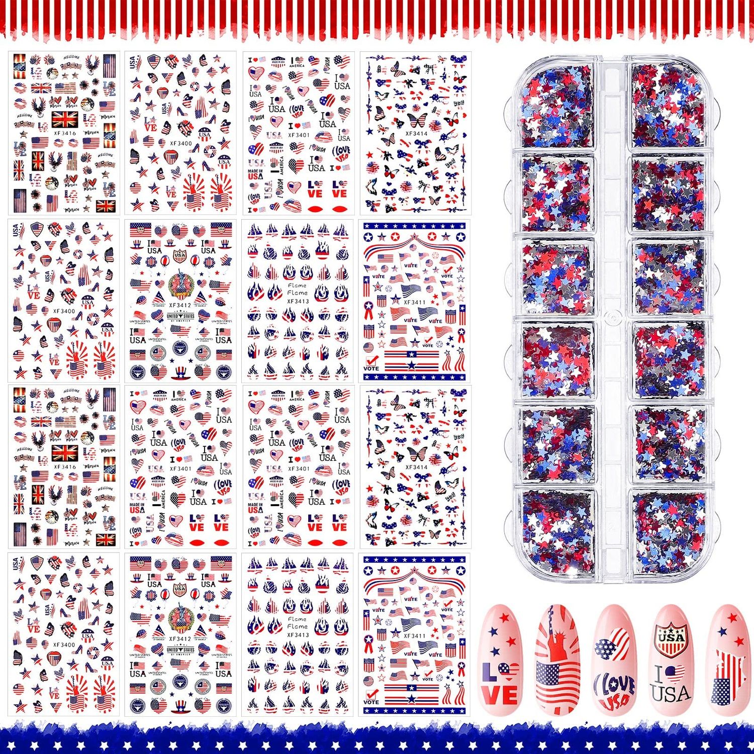 16 Sheets 4th of July Patriotic Nail Art Stickers Independence Day Nail Decals 3D Self-Adhesive American Flag Nail Sticker and 12 Grids Star Glitter Nail Sequins Independence Holographic Nail Confetti