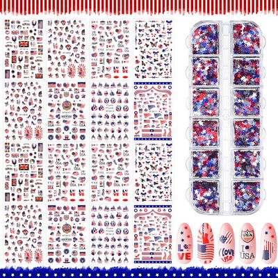 16 Sheets 4th of July Patriotic Nail Art Stickers Independence Day Nail Decals 3D Self-Adhesive American Flag Nail Sticker and 12 Grids Star Glitter Nail Sequins Independence Holographic Nail Confetti