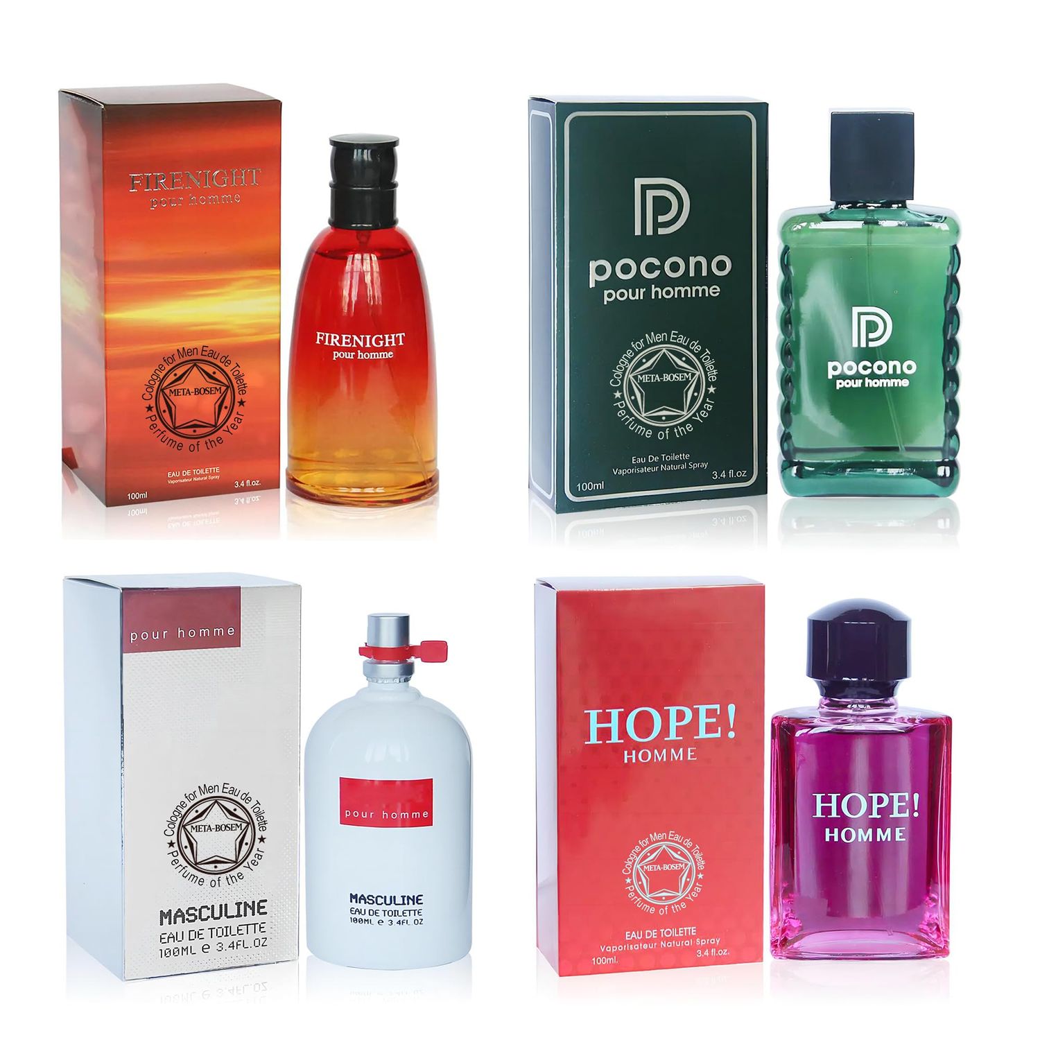 META-BOSEM 4Pc Set Cologne for Men (FirenightPoconoMasculineHope Pour Homme) Collection Fragrance, Eau de Toilette Spray - Fresh Scent (Pack of 4) Each 3.4 Fl Oz, Total 13.60 Oz