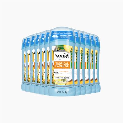 Suave Antiperspirant Deodorant For Women, Invisible, Underarm Deodorant, 48hr Odor &amp; Wetness Protection, Long Lasting Tropical Fragrance, Sensitive Skin Deodorant Solid Stick, 2.6 oz (12 Bulk Pack)
