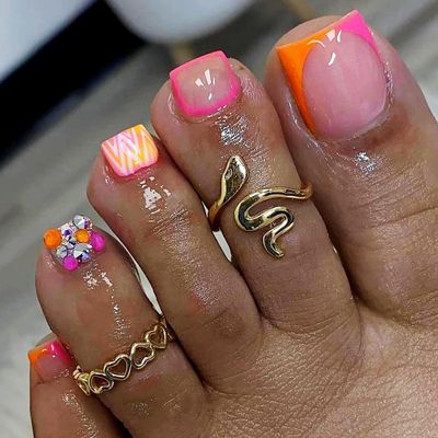 24Pcs Colorful French Tips Press on Toenails Square Short Fake Toenails Glitter Rhinestone Summer False Toenails Cute Toe Nails Press ons Glossy Orange Pink French Stick on Toenails for Women Girls