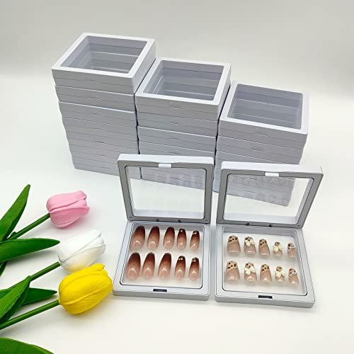 GUXACU Press On Nail Packaging Boxes - 3D Floating Storage and Display Box With 60pcs Double Sided Adhesive Tape for Nail Tech