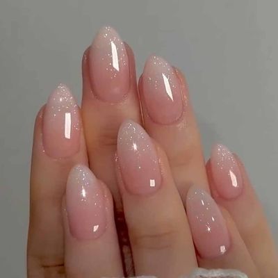 Foccna Pink Press on Nails Short, Luxury Fake Nails Amlond Acrylic False Bling Gradient Nails, Artificial Nails for Women and Girls,24pcs