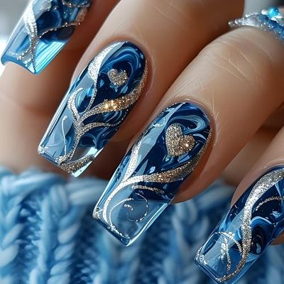 Blue Press on Nails Gradient Fake Nails Silvery Glossy Shiny Stripe Stick on Nails Long Square Glue on Nails Full Cover Artificial Acrylic False Nails Reusable Nails Kit for Women Girls 24Pcs