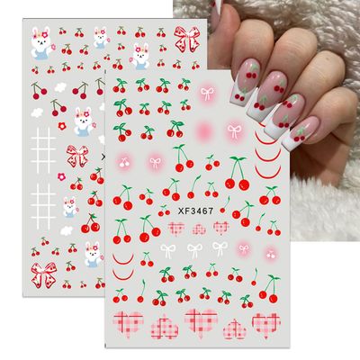 Mkwntg Fruit Nail Art Stickers Cherry Decals 3D Self-Adhesive Valentines Sticker Bow Tie Design Cute Rabbits Supplies for Women Acrylic Accessories 6 Sheets