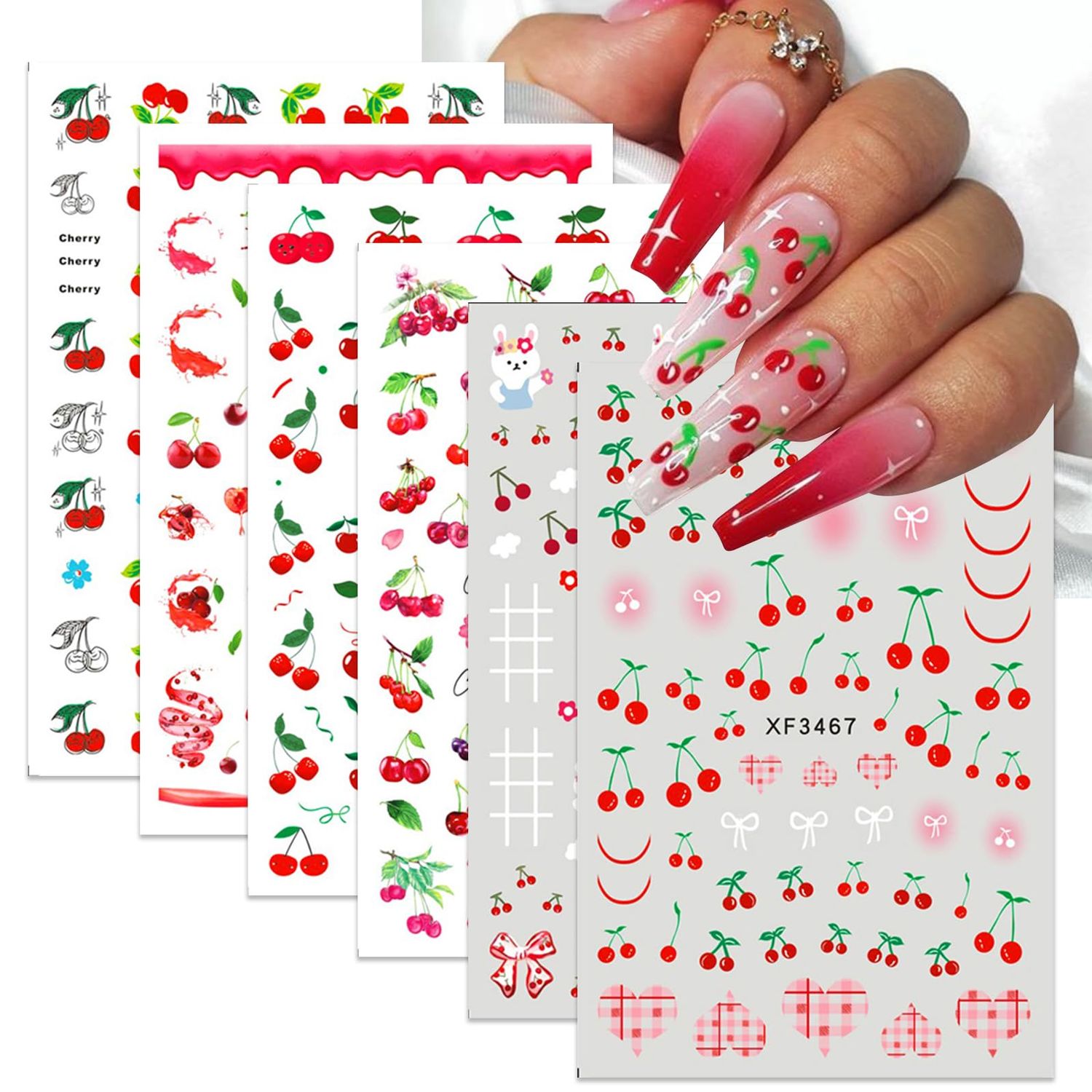 Mkwntg Fruit Nail Art Stickers Cherry Decals 3D Self-Adhesive Valentines Sticker Bow Tie Design Cute Rabbits Supplies for Women Acrylic Accessories 6 Sheets
