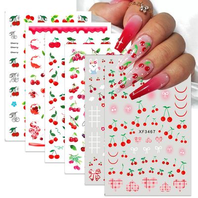 Mkwntg Fruit Nail Art Stickers Cherry Decals 3D Self-Adhesive Valentines Sticker Bow Tie Design Cute Rabbits Supplies for Women Acrylic Accessories 6 Sheets