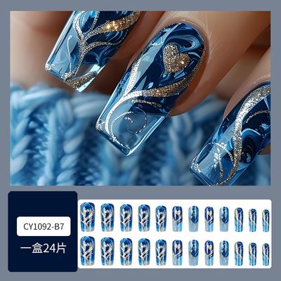 Blue Press on Nails Gradient Fake Nails Silvery Glossy Shiny Stripe Stick on Nails Long Square Glue on Nails Full Cover Artificial Acrylic False Nails Reusable Nails Kit for Women Girls 24Pcs