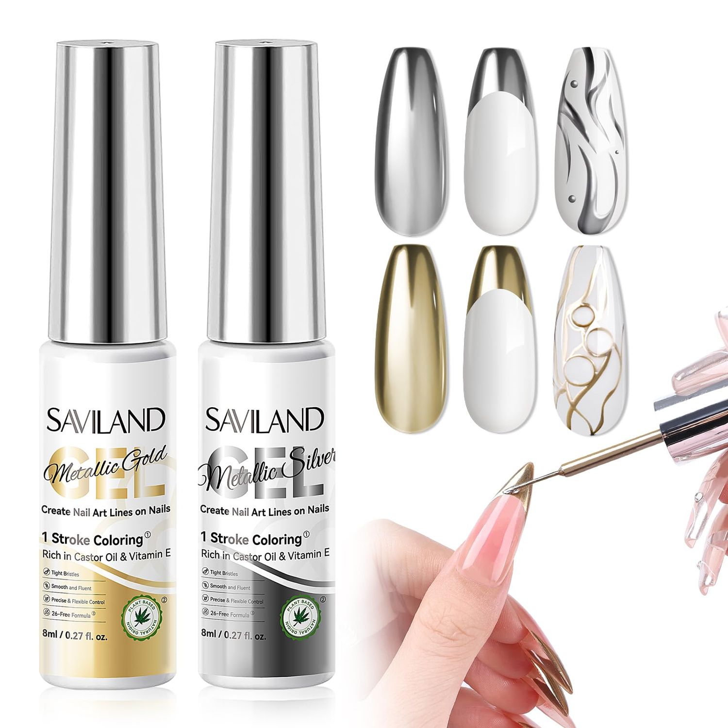 SAVILAND Metallic Gel Nail Polish: 2 Pcs Silver&amp;Gold Nail Polish Nail Art 3D Effect Chrome Gel Polish Mirror Liner Nail Charms Build in Thin Brush VE Castor Oil Salon DIY Manicure Curing Require