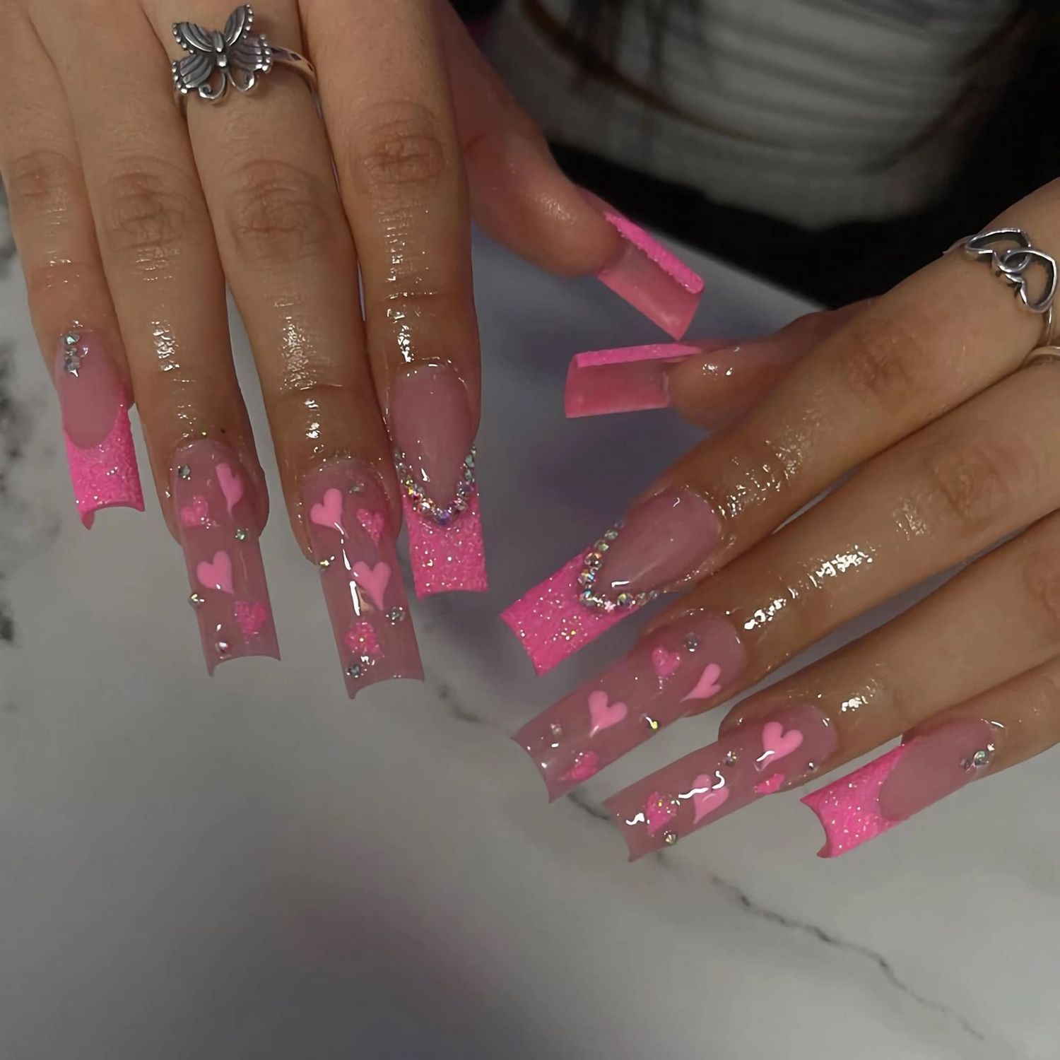 BABALAL Coffin Press on Nails Long Fake Nails Pink French Glue on Nails Shiny Rhinestone Acrylic Nails Heart Ballerina Stick on Nails 24Pcs Valentines Day False Nails for Women and Girls