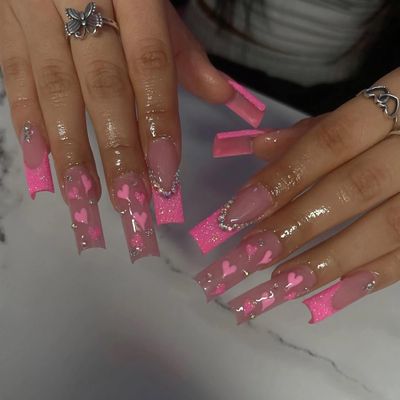 BABALAL Coffin Press on Nails Long Fake Nails Pink French Glue on Nails Shiny Rhinestone Acrylic Nails Heart Ballerina Stick on Nails 24Pcs Valentines Day False Nails for Women and Girls