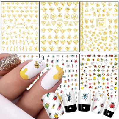 Cute Honeybee Nail Art Stickers, 3D Little Animal Self-Adhesive Sticker Cartoon Bee Nail Art Decals Holographic Gold Bee Nail Decal Design for Women Girls Manicure Decoration DIY Nail Sticker Supplies