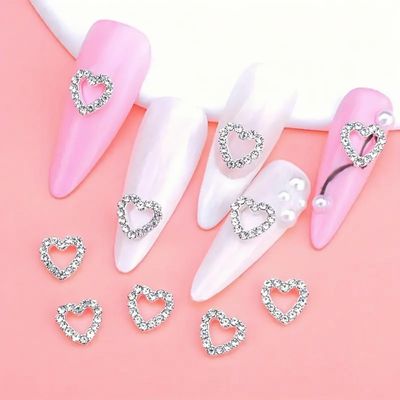 10Pcs Valentinese Day Heart Nail Charms 3D Alloy Heart Nail Art Charms Silver Heart Nail Jewelry with Rhinestones Shiny Nail Gems Luxury Heart Nail Decoration Accessories for Women Manicure DIY Craft