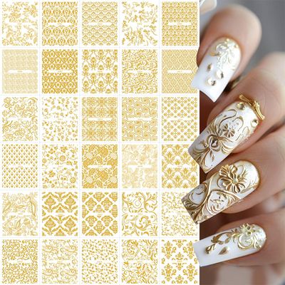 30 Sheets Gold Nail Art Stickers 3D Self Adhesive Lace Flower Nails Decals Hollow Retro Floral Nail Stickers Nail Supplies Luxury Nail Art Design for Women DIY Acrylic Nails Decoration