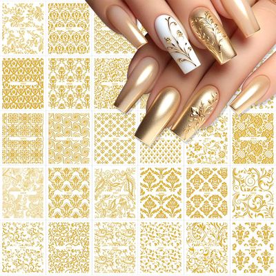 30 Sheets Gold Nail Art Stickers 3D Self Adhesive Lace Flower Nails Decals Hollow Retro Floral Nail Stickers Nail Supplies Luxury Nail Art Design for Women DIY Acrylic Nails Decoration