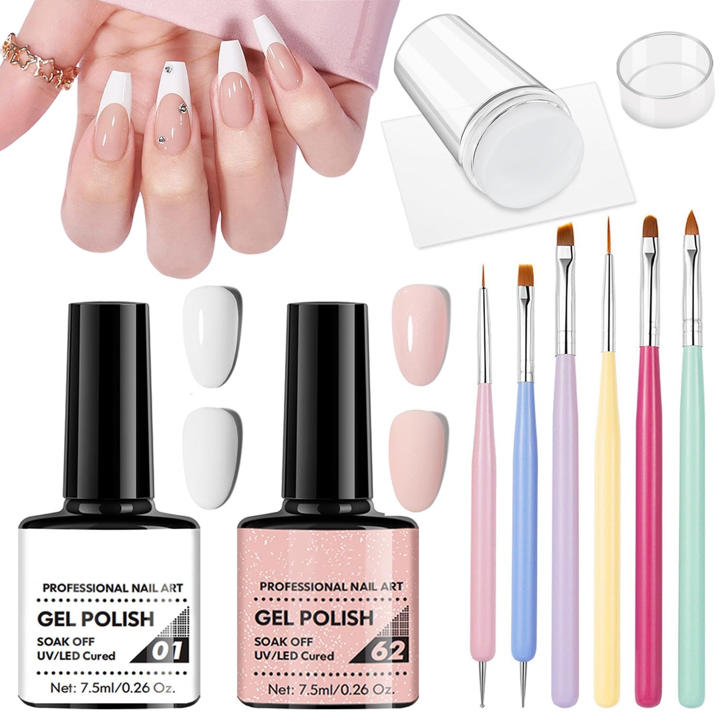 QIUFSSE French Manicure Kit,French Nail Stamper,Nude Pink and White French Tip Gel Polish,All-in-One French Nail Kit,Ease to Use French Tip Tool for Nail Art DIY Design