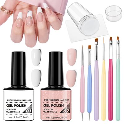 QIUFSSE French Manicure Kit,French Nail Stamper,Nude Pink and White French Tip Gel Polish,All-in-One French Nail Kit,Ease to Use French Tip Tool for Nail Art DIY Design