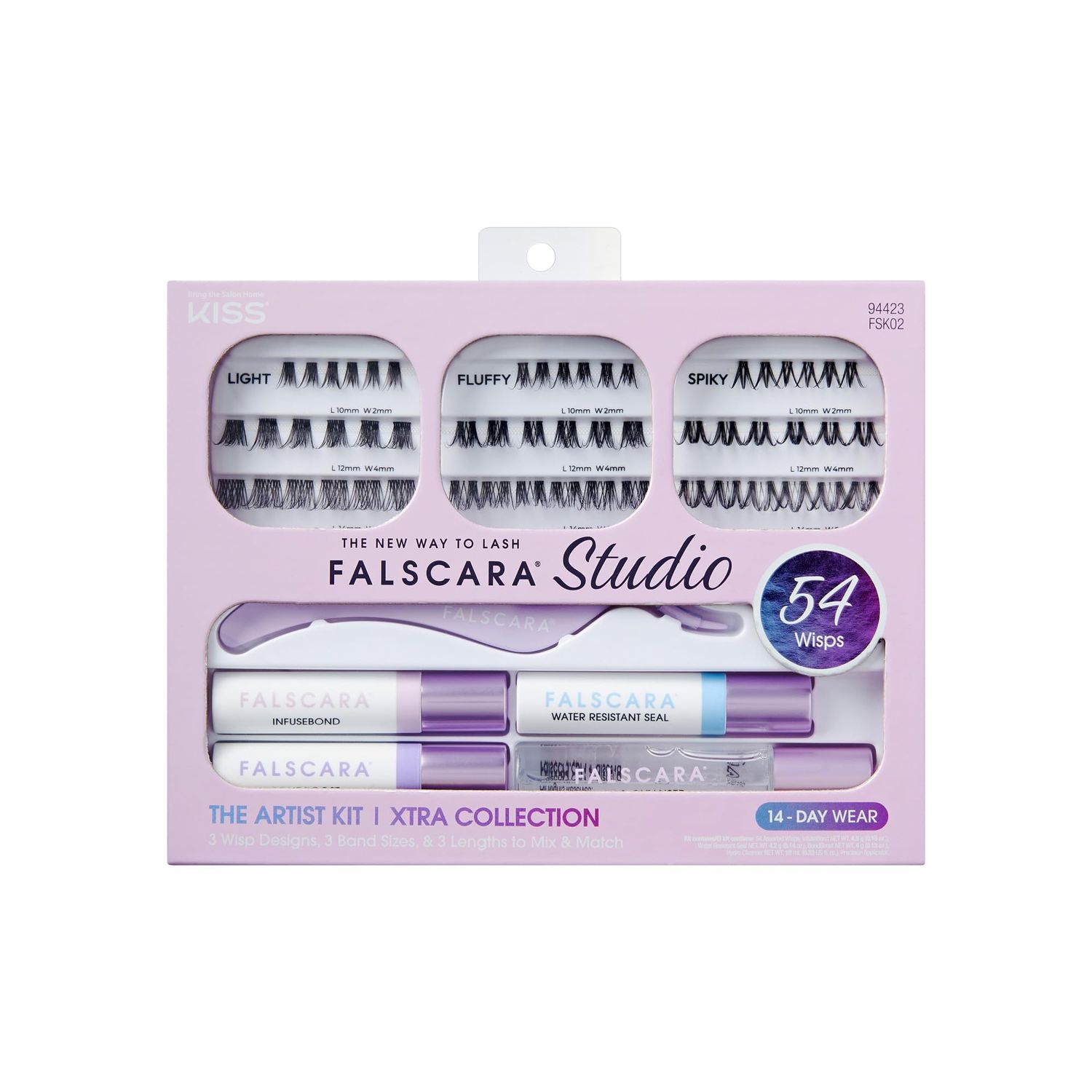 FALSCARA STUDIO Lash Extension Kit, 54 Stackable Lash Clusters, Medium Volume, 10mm-14mm, Xtra, False Eyelashes, InfuseBond, Water-Resistant Seal, BondBoost, Hydro Cleanser, Applicator