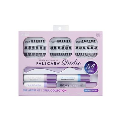 FALSCARA STUDIO Lash Extension Kit, 54 Stackable Lash Clusters, Medium Volume, 10mm-14mm, Xtra, False Eyelashes, InfuseBond, Water-Resistant Seal, BondBoost, Hydro Cleanser, Applicator