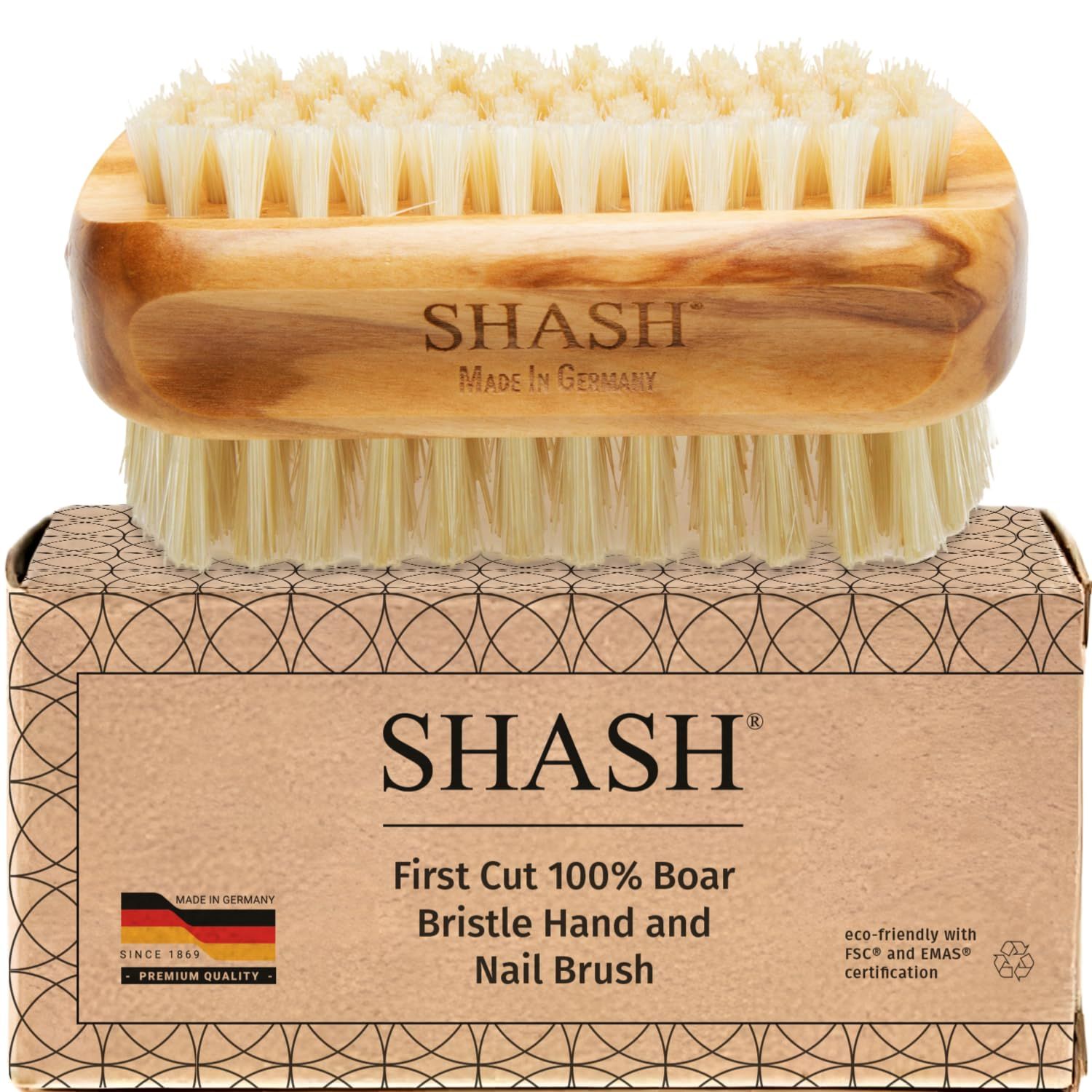 Made in Germany - SHASH KELLER 100 First Cut Boar Bristle Nail Brush - Gently Removes Dirt and Grime for Clean Hands - Exfoliates Skin for Soft, Smooth Texture, Wood (Olive)