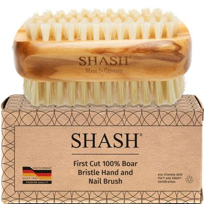 Made in Germany - SHASH KELLER 100 First Cut Boar Bristle Nail Brush - Gently Removes Dirt and Grime for Clean Hands - Exfoliates Skin for Soft, Smooth Texture, Wood (Olive)