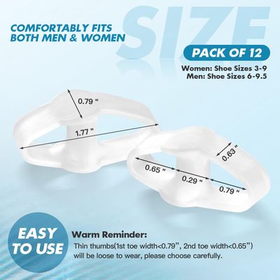 MENOCADY Bunion Toe Separators Corrector for Big Toe, (0.29 Thick) Gel Toe Separators for Women Overlapping Toes with 2 Loops, Silicone Toe Spacers for Men Bunion for Alignment Feet (Pack of 12)