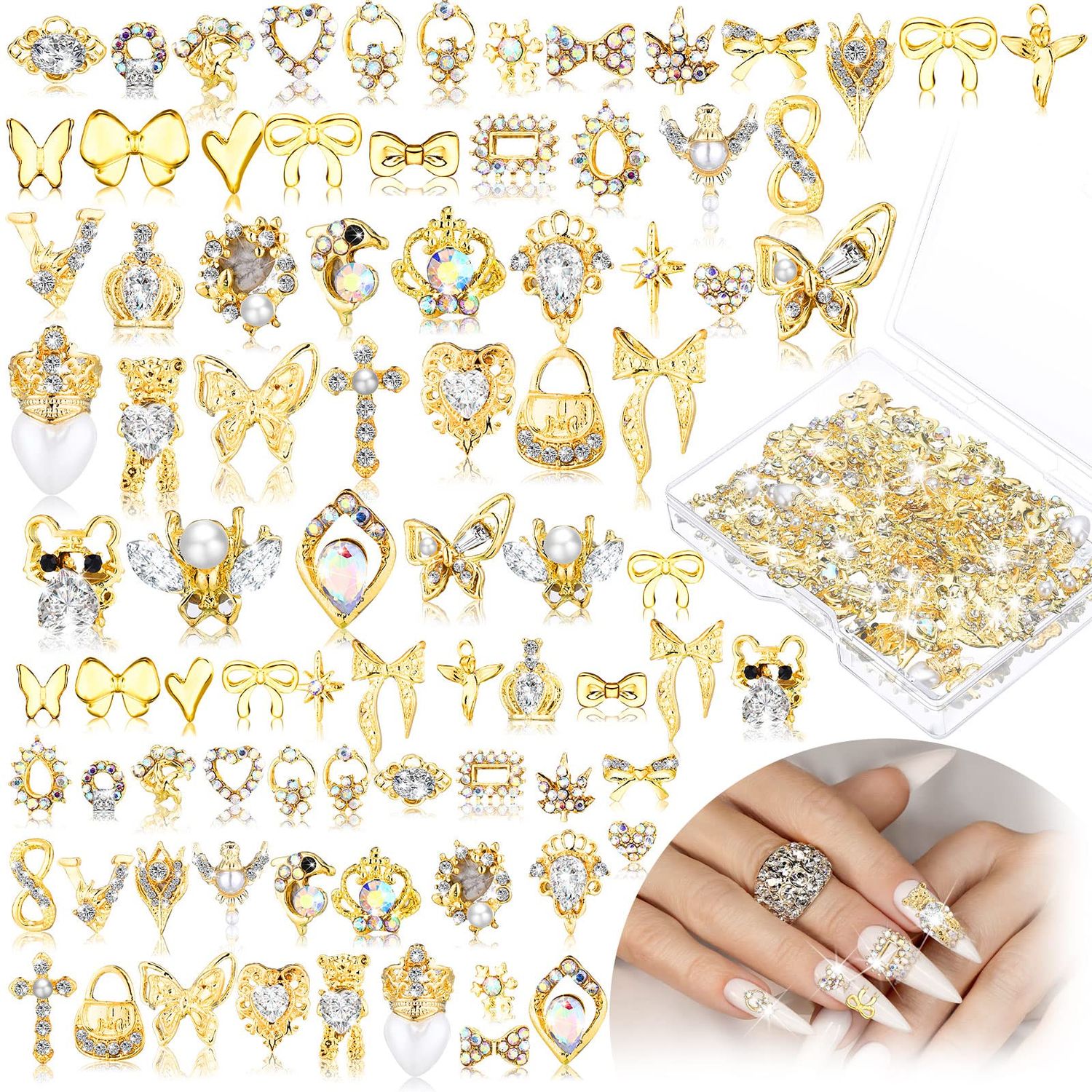 Lounsweer 100 Pcs Gold Nail Charms for Acrylic Nails Y2K 3D Gold Rhinestones Shiny Heart Cross Gems Luxury Crystal Diamonds Decor for Women Art Design DIY