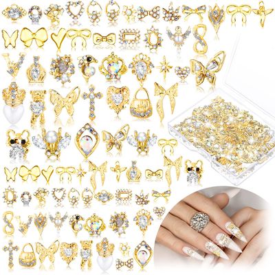 Lounsweer 100 Pcs Gold Nail Charms for Acrylic Nails Y2K 3D Gold Rhinestones Shiny Heart Cross Gems Luxury Crystal Diamonds Decor for Women Art Design DIY