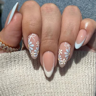 24 Pcs French Press on Nails Almond Medium Fake Nails Nude Pink False Nails with Light Blue Floral Designs Cute Bow Acrylic Nails Reusable Full Cover Glue on Nails for Women Girls