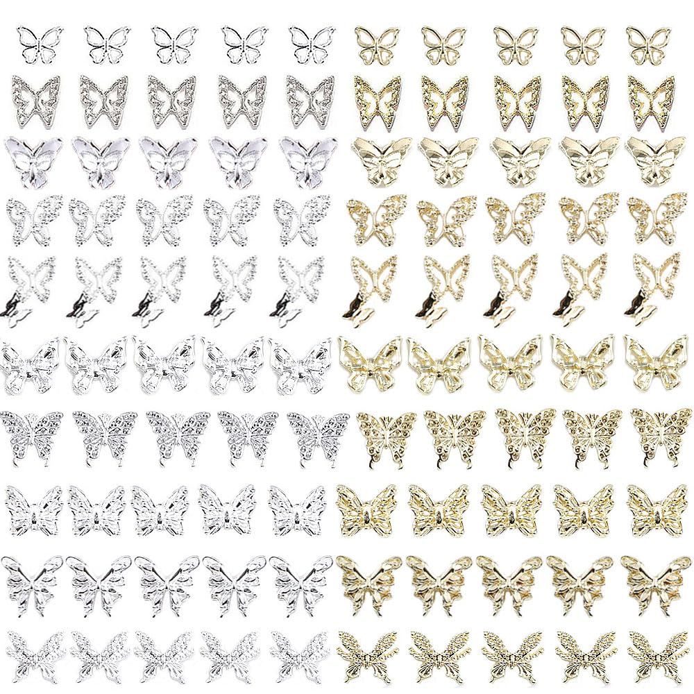 Kachimoo Butterfly Nail Charms, 100 PCS 3D Nail Charms in Silver &amp; Gold