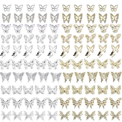 Kachimoo Butterfly Nail Charms, 100 PCS 3D Nail Charms in Silver &amp; Gold