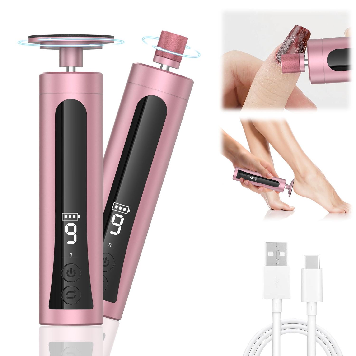 APTMAPT Electric Foot File Callus Remover, Electric Foot File Nail Grinder 2 in 1, 9 Speed Adjustable, Rechargeable Professional Foot Sander Pedicure Tool for Feet Dry Dead Skin (Rose Gold)