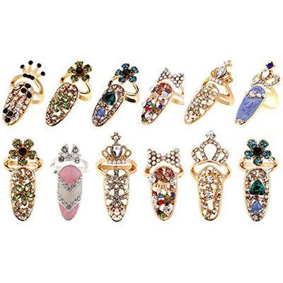 CosCosX 12 Pcs Women Luxury Fingernails Ring Fashion Bowknot Knuckle Nail Ring Decoration Tip Nail Art Charm Crown Flower Crystal Rhinestone Finger Nail Rings