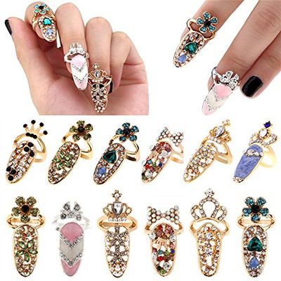 CosCosX 12 Pcs Women Luxury Fingernails Ring Fashion Bowknot Knuckle Nail Ring Decoration Tip Nail Art Charm Crown Flower Crystal Rhinestone Finger Nail Rings