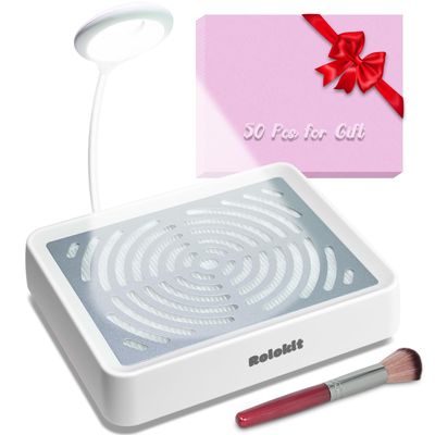 Rolokit Nail Dust Collector with Lamp&amp;50pcs Disposable Filter&amp;Dusting Brush, Electric Nail Vacuum Cleaner Dust Fan Suction Machine for Manicure Acrylic Gel Nails Polishing, Low Noise, Salon Home